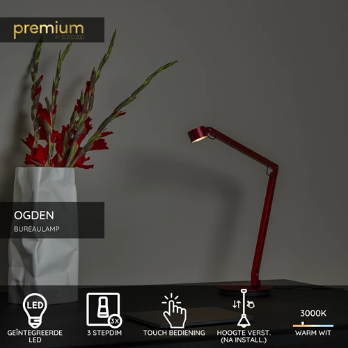 Lucide OGDEN - Bureaulamp - LED 3 StepDim - 1x7W 3000K - Rood | Premium - USP